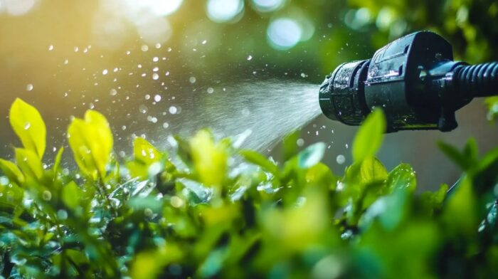 Električni uređaj raspršuje vodu po zelenom rastinju u vrtu sa kapljicama koje lete u vazduhu