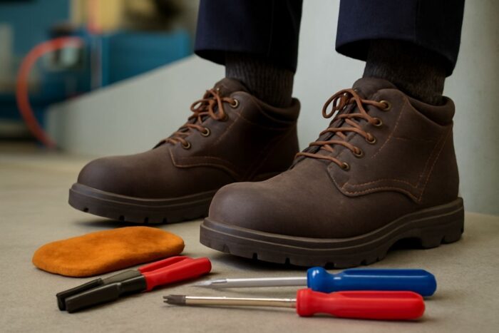 Radne cipele električara pored šrafcigera, klešta i zaštitnih rukavica u radionici