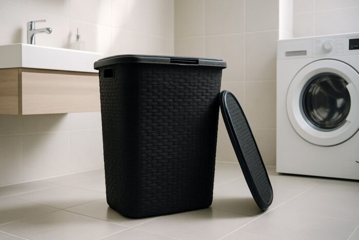 Crna plastična korpa za veš za poklopcem