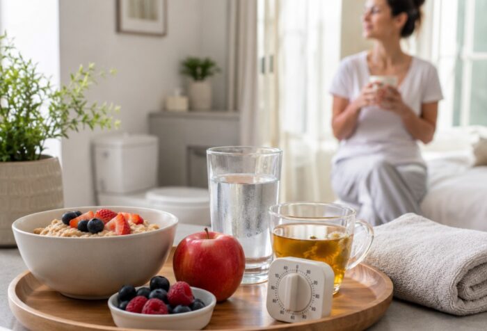 Poslužavnik sa zobenom kašom, voćem, čašom vode, toplim čajem i peškirom u svetlom kupatilu, dok žena u pozadini mirno sedi i odmara se