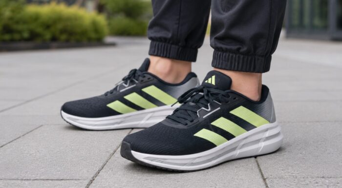 Muškarac u tamnim trenerkama nosi Adidas Questar 3 muške patike u crnoj boji sa svetlozelenim prugama na urbanom pločniku