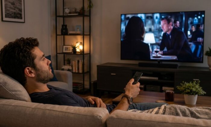 Muškarac leži na kauču i gleda TV
