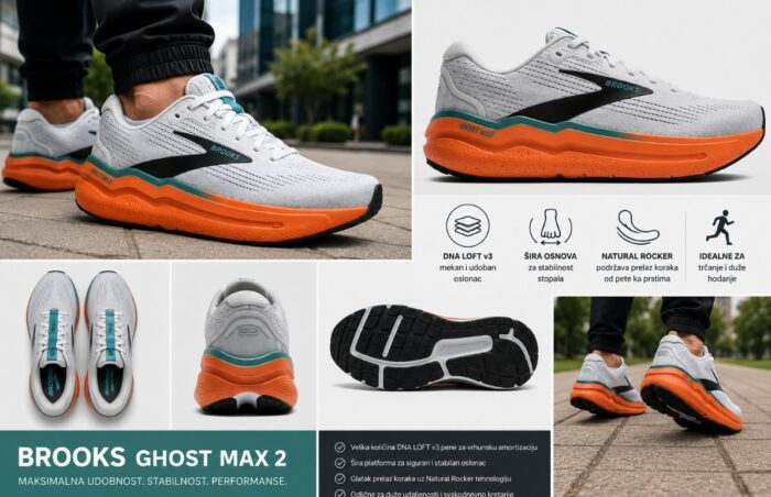 Kolaž Brooks Ghost Max 2 muških patika sa belim gornjištem i narandžastim đonom, prikazanih iz više uglova i tokom hodanja gradskim pločnikom