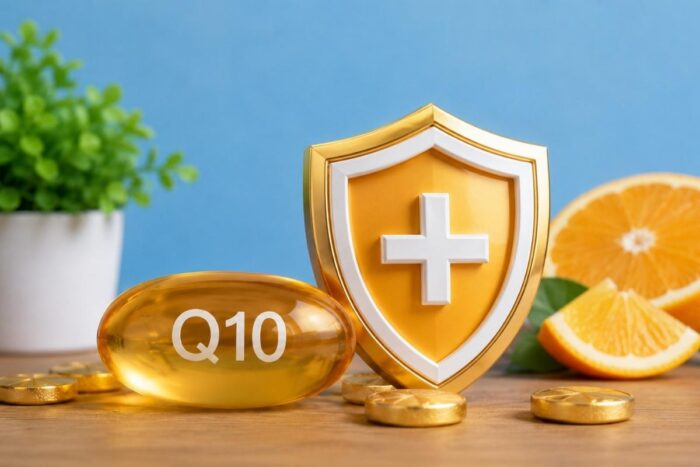 Koenzim Q10 i zlatni štit kao simbol podrške imunitetu, uz svežu pomorandžu na plavoj pozadini.