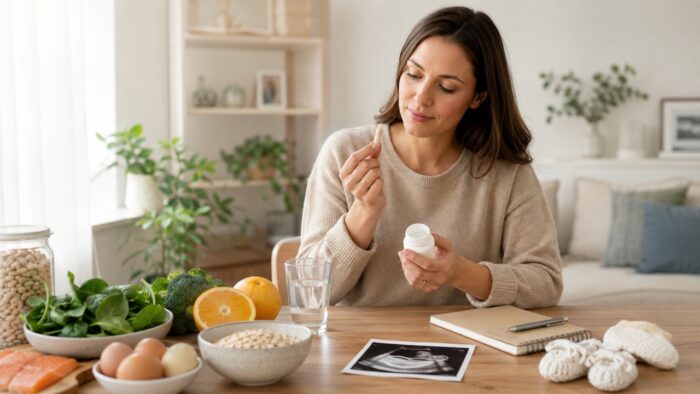 Žena u tridesetim drži prenatalni suplement pored zdrave hrane i ultrazvučne fotografije