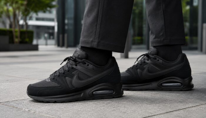 Muškarac u crnim pantalonama nosi crne Nike Air Max Command patike na pločniku ispred poslovne zgrade.