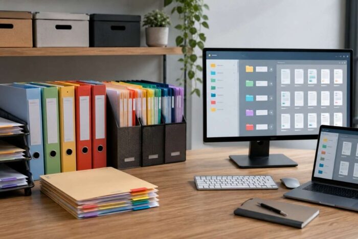 Fizički registratori i fascikle pored računara sa digitalno klasifikovanim dokumentima u modernoj kancelariji.
