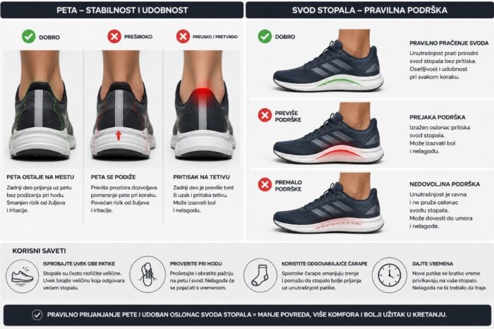 Infografik prikazuje pravilno i nepravilno naleganje pete u patikama, kao i odgovarajuću, previsoku i nedovoljnu potporu svodu stopala