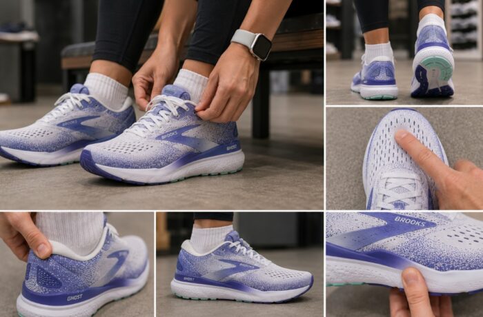 Žena u prodavnici sportske obuće isprobava Brooks Ghost 16 patike, dok kolaž prikazuje vezivanje pertli, proveru prostora za prste, naleganje pete i bočni izgled modela