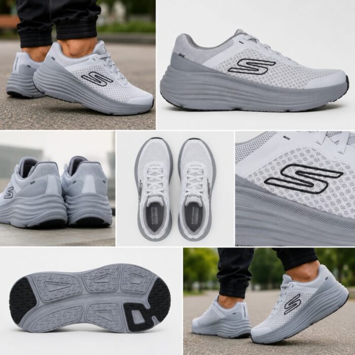 Kolaž Skechers Max Cushioning Endeavour muških patika prikazanih iz više uglova, uključujući bočni profil, đon, petu i model na nogama