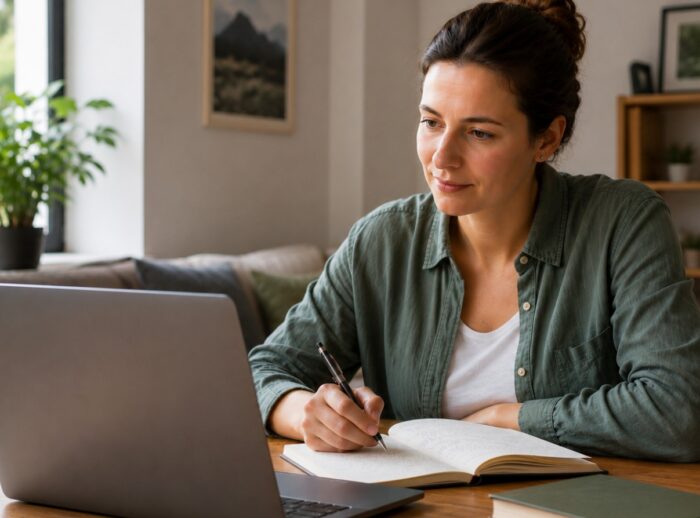 Žena u tridesetim prati online kurs na laptopu i zapisuje beleške za stolom kod kuće