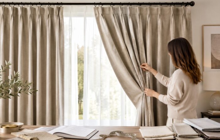 Žena u svetlom, moderno uređenom enterijeru meri i namešta nabor zavese pored velikog prozora, dok su na stolu ispred nje složeni uzorci materijala, krojački metar i beležnica
