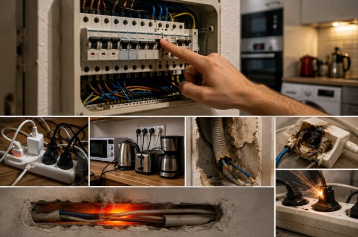 Razvodna tabla sa aktiviranim osiguračem i prikazom preopterećenih električnih uređaja i oštećenih kablova