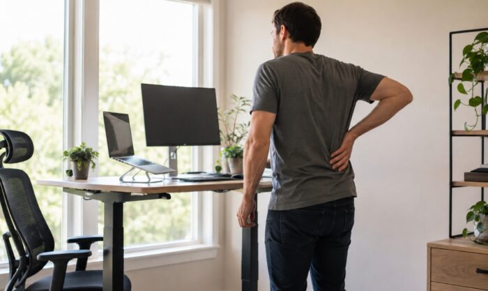 Muškarac stoji pored podesivog stola u kućnoj kancelariji i drži se za donji deo leđa, dok su monitor, laptop i ergonomska stolica pored velikog prozora
