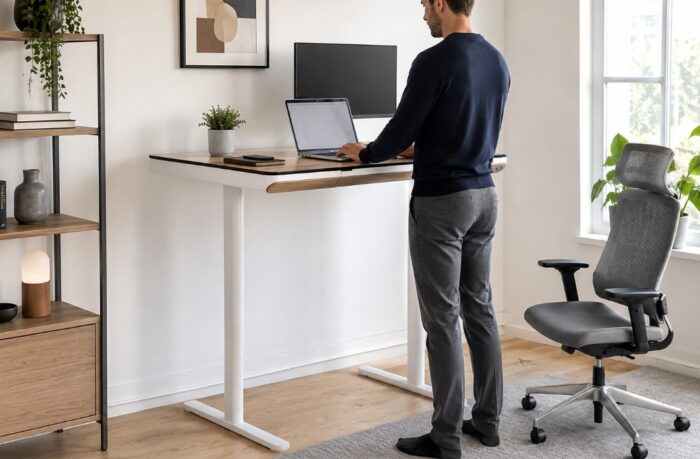 Muškarac radi za električnim podesivim standing desk stolom sa drvenom pločom u svetloj kućnoj kancelariji.