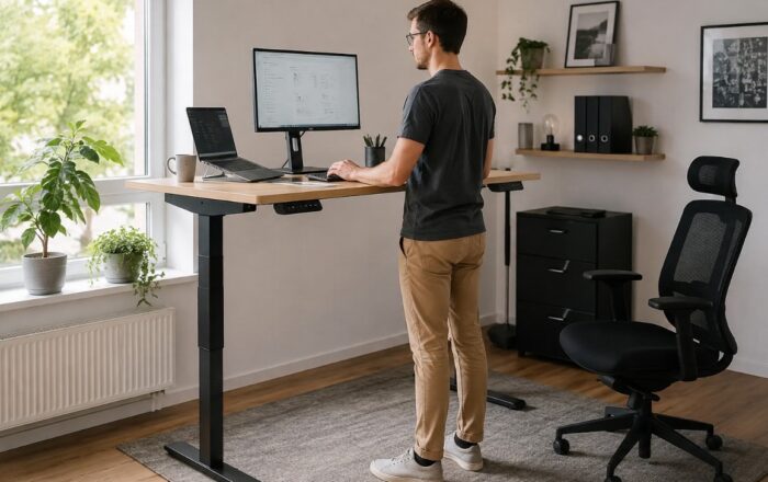 Osoba radi za podesivim standing desk stolom u svetloj, moderno uređenoj kućnoj kancelariji, sa monitorom, laptopom i ergonomskom stolicom pored velikog prozora