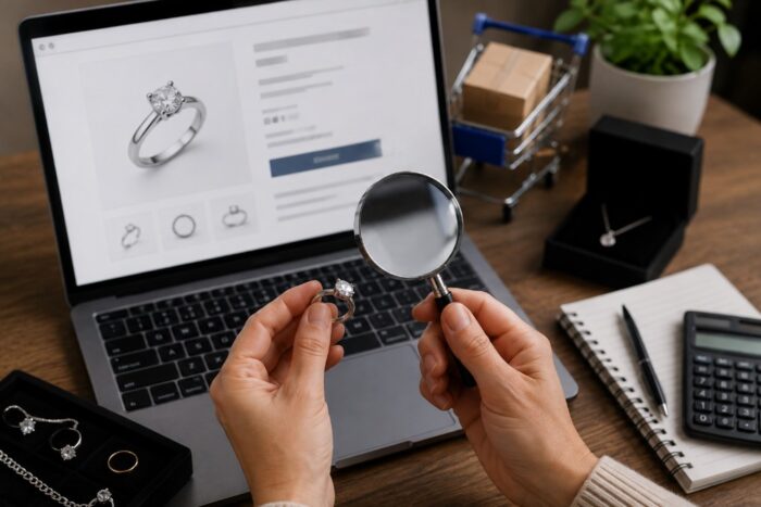 Kupac proverava prsten lupom tokom online kupovine nakita