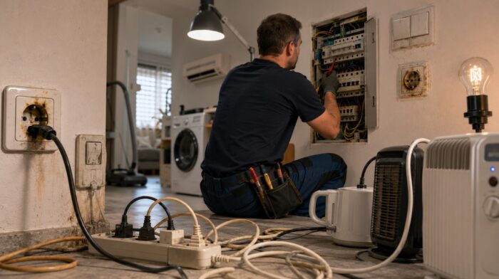 Električar pregleda staru razvodnu tablu u stanu sa dotrajalim utičnicama i produžnim kablovima