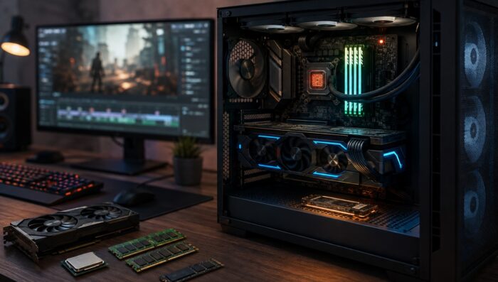 Desktop računar sa vidljivim komponentama, grafičkom karticom, RAM memorijom, procesorom i SSD diskom