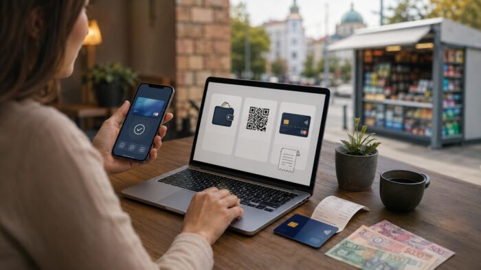 Žena koristi telefon i laptop za alternativno online plaćanje u Srbiji putem digitalnog novčanika, QR koda ili kartice.