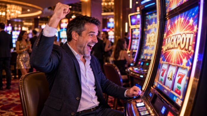 Dobitnik slavi džekpot pored slot aparata u kazinu.
