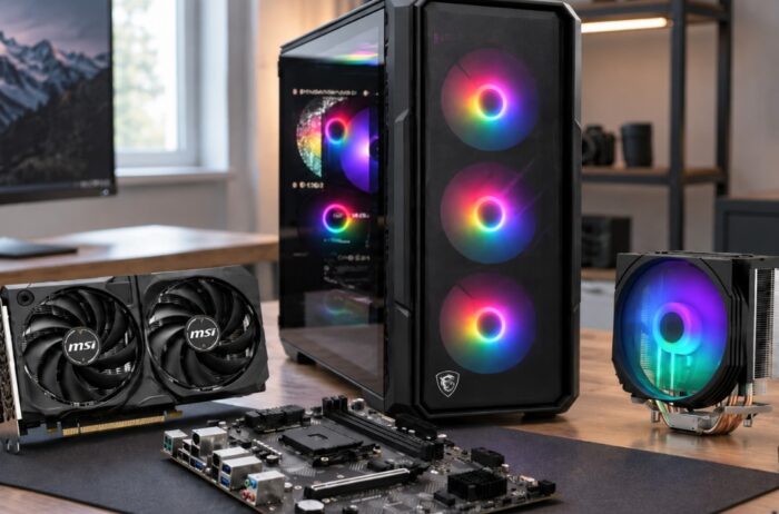 Kućište novog računara sa RGB ventilatorima pored grafičke kartice, matične ploče i procesorskog hladnjaka na radnom stolu