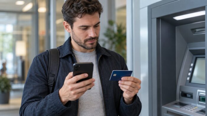 Muškarac proverava isplatu na telefonu dok drži bankovnu karticu pored bankomata.