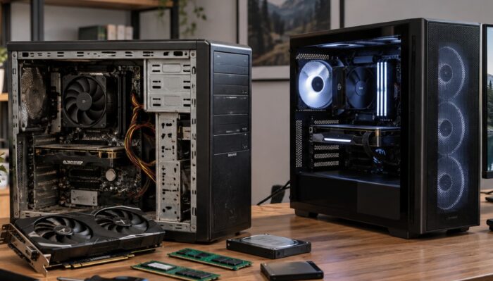 Stari računar sa otvorenim kućištem i komponentama pored novog desktop računara