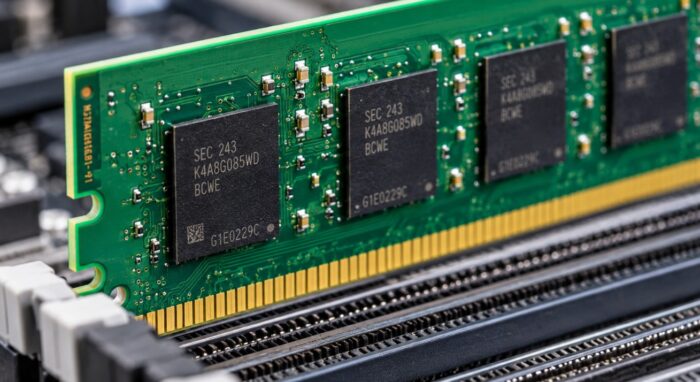 RAM memorija za desktop računar postavljena u DIMM slot na matičnoj ploči