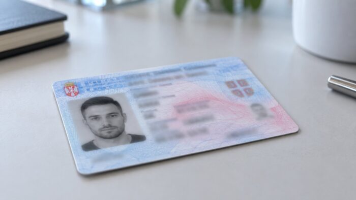 Lična karta Srbije sa zamagljenim podacima za potvrdu identiteta prilikom isplate dobitka.